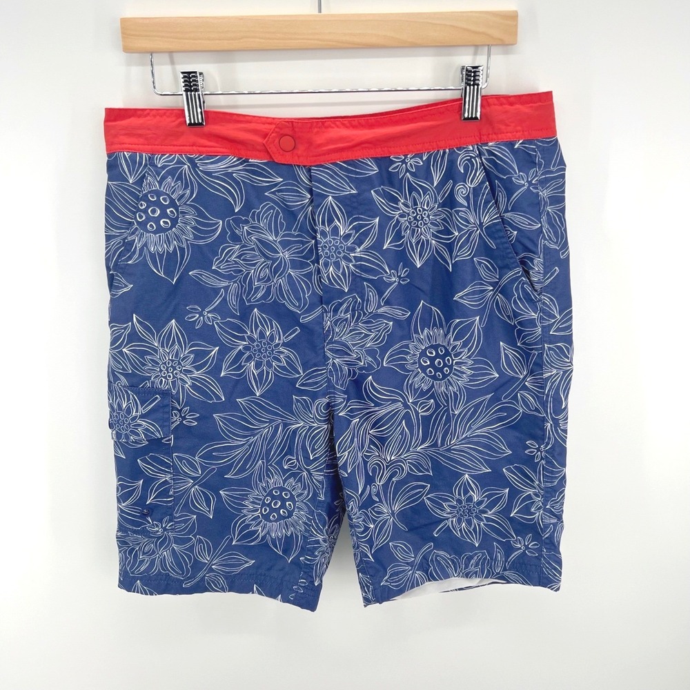 Boden Swim Trunks Mens 34 Blue Red Floral Board Shorts Mesh Liner Cargo Pocket